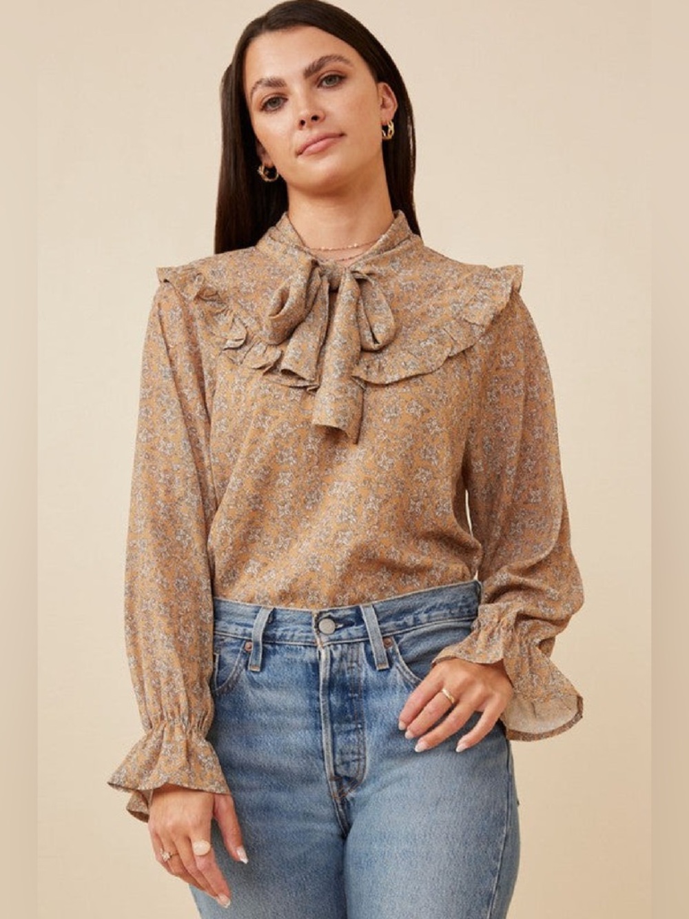 Hayden Women's Mustard Floral Tie-Neck Blouse